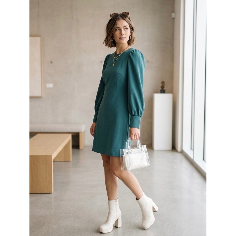 J.Crew Puff-Sleeve Mini Dress Deep Sea Teal Blue Green Button Cuff Size 2 NEW